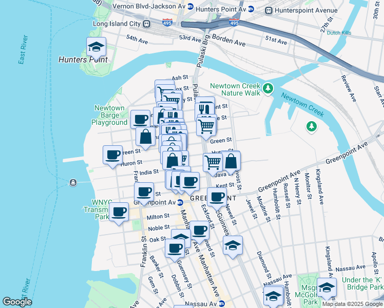 map of restaurants, bars, coffee shops, grocery stores, and more near 199 Huron Street in Brooklyn