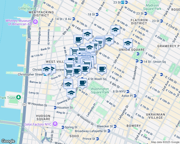 map of restaurants, bars, coffee shops, grocery stores, and more near 58 1/2 West 8th Street in New York