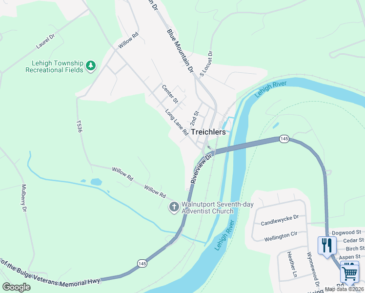 map of restaurants, bars, coffee shops, grocery stores, and more near 307 Long Lane Road in Walnutport