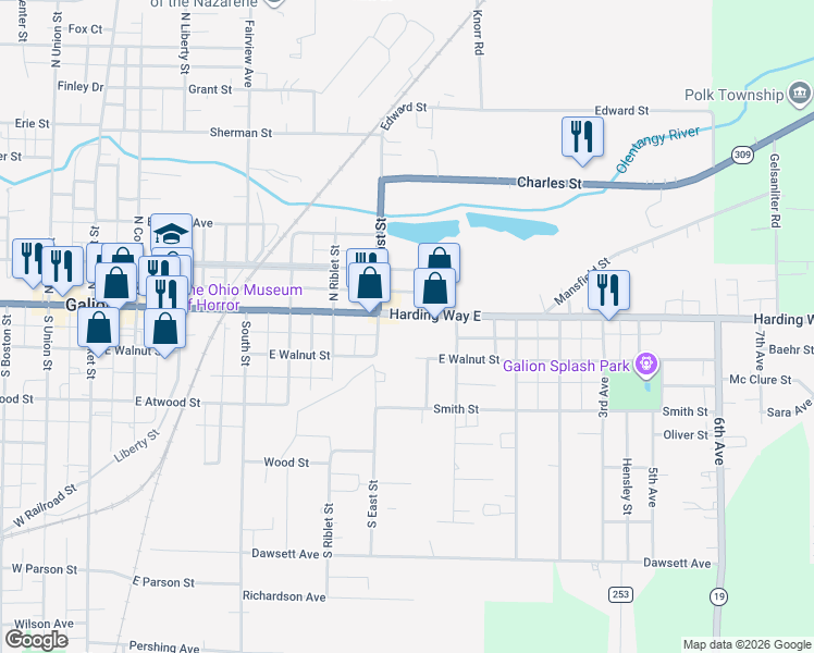 map of restaurants, bars, coffee shops, grocery stores, and more near 105 North East Street in Galion