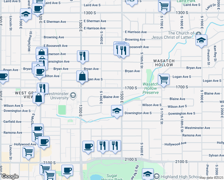 map of restaurants, bars, coffee shops, grocery stores, and more near 1450 East 1700 South in Salt Lake City
