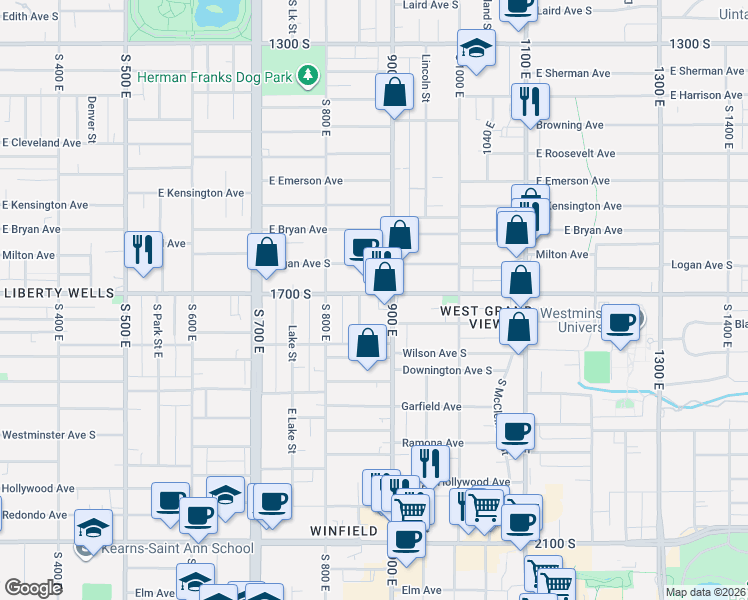 map of restaurants, bars, coffee shops, grocery stores, and more near 866 East 1700 South in Salt Lake City