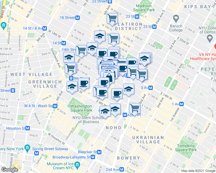 map of restaurants, bars, coffee shops, grocery stores, and more near E 11th St & University Pl in New York