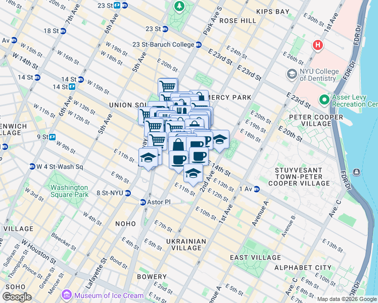 map of restaurants, bars, coffee shops, grocery stores, and more near East 14th Street in New York