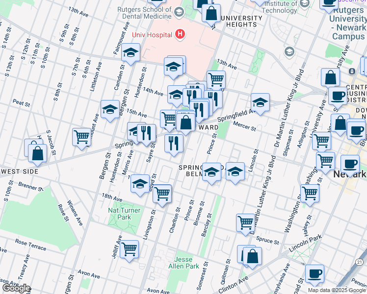 map of restaurants, bars, coffee shops, grocery stores, and more near 44 Irvine Turner Boulevard in Newark