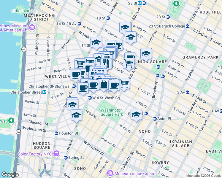map of restaurants, bars, coffee shops, grocery stores, and more near 26 West 9th Street in New York