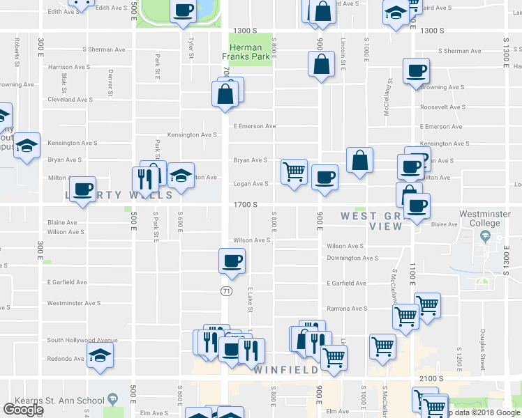 map of restaurants, bars, coffee shops, grocery stores, and more near 768 East 1700 South in Salt Lake City