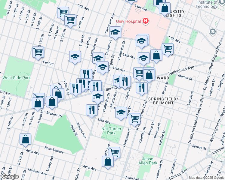 map of restaurants, bars, coffee shops, grocery stores, and more near 343 Springfield Avenue in Newark