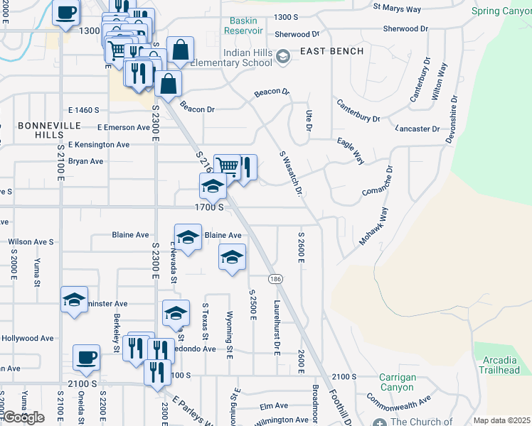 map of restaurants, bars, coffee shops, grocery stores, and more near 2503 East 1700 South in Salt Lake City