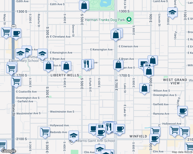 map of restaurants, bars, coffee shops, grocery stores, and more near 1640 South 600 East in Salt Lake City