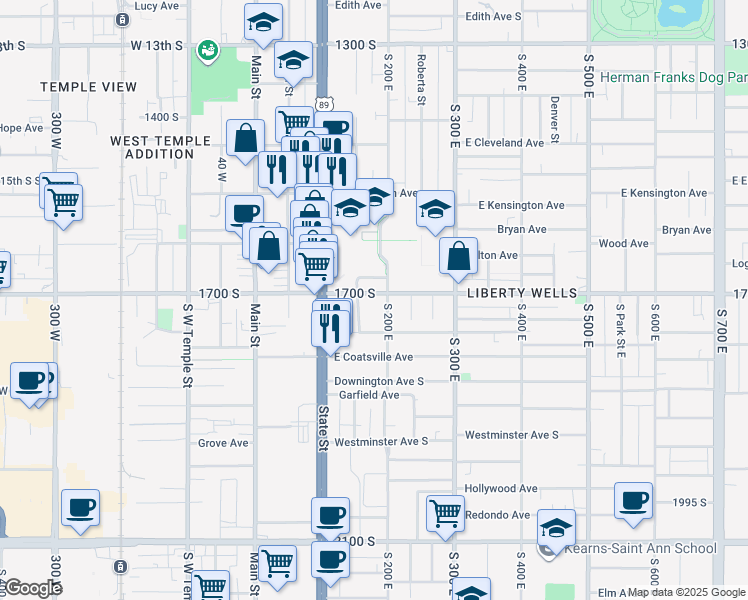 map of restaurants, bars, coffee shops, grocery stores, and more near 1633 Edison Street in Salt Lake City