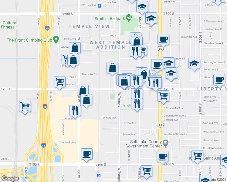 map of restaurants, bars, coffee shops, grocery stores, and more near 1636 Jefferson Street in Salt Lake City