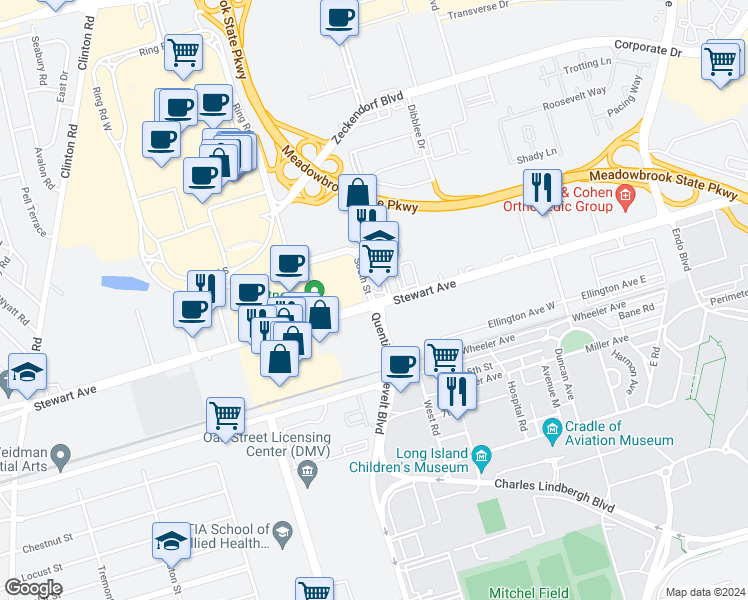 map of restaurants, bars, coffee shops, grocery stores, and more near 1 South Street in Garden City