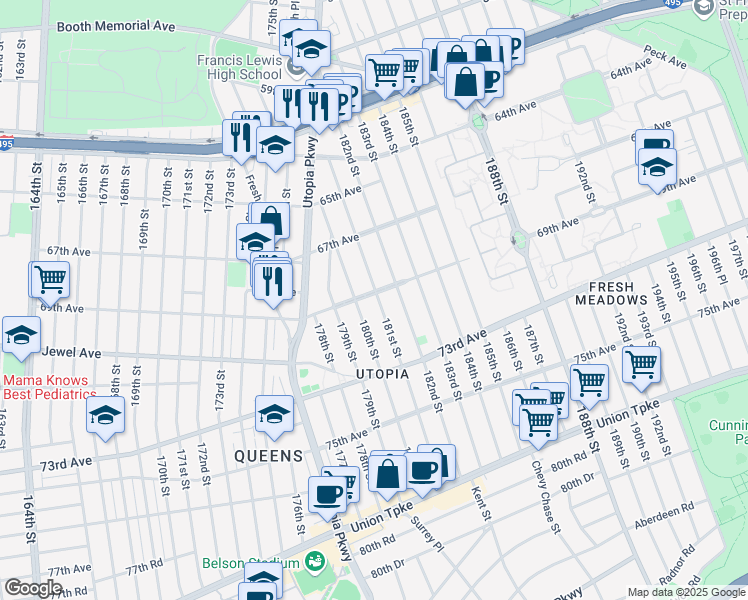 map of restaurants, bars, coffee shops, grocery stores, and more near 67-45 180th Street in Queens