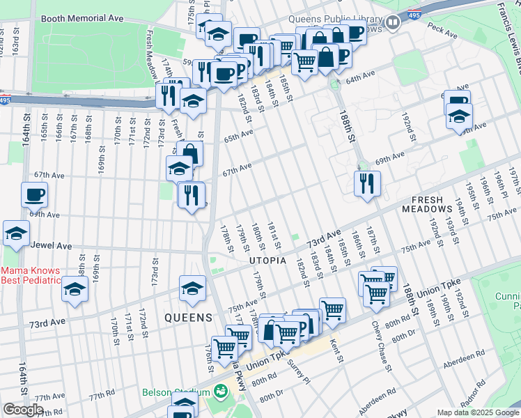 map of restaurants, bars, coffee shops, grocery stores, and more near 67-45 180th Street in Queens