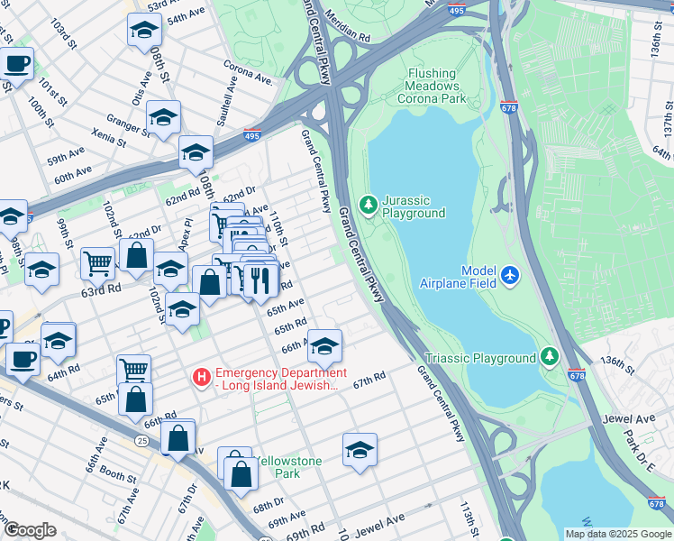map of restaurants, bars, coffee shops, grocery stores, and more near 64-02 Grand Central Parkway in Queens