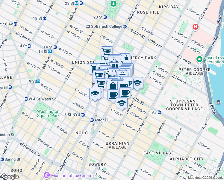 map of restaurants, bars, coffee shops, grocery stores, and more near 172 East 14th Street in New York
