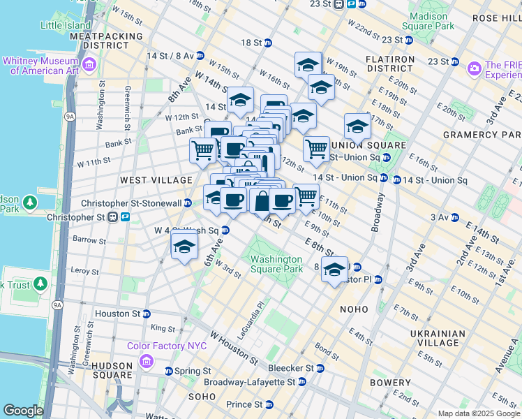 map of restaurants, bars, coffee shops, grocery stores, and more near 53 West 9th Street in New York
