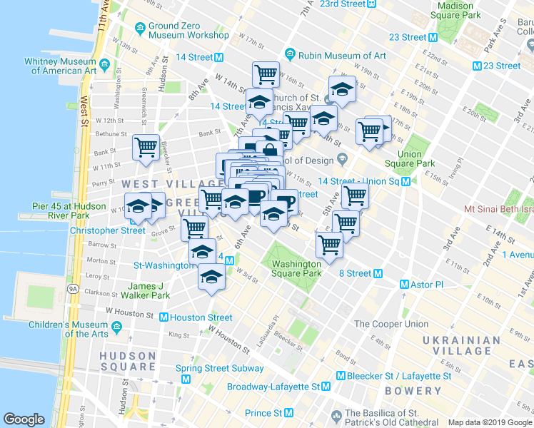 map of restaurants, bars, coffee shops, grocery stores, and more near 58 1/2 West 8th Street in New York
