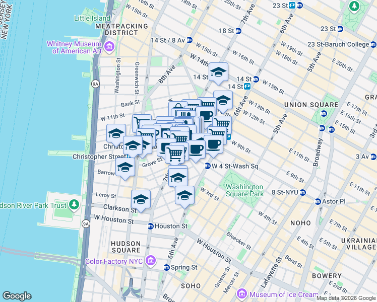 map of restaurants, bars, coffee shops, grocery stores, and more near in New York