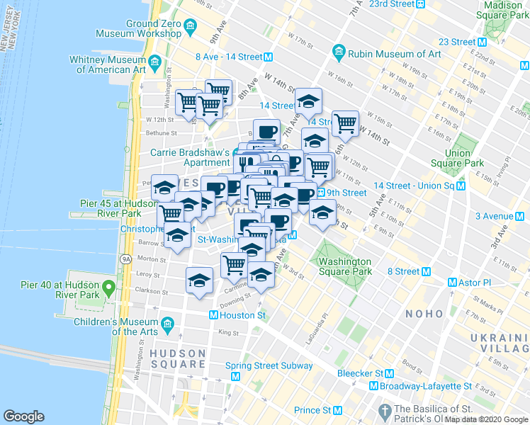 map of restaurants, bars, coffee shops, grocery stores, and more near in New York
