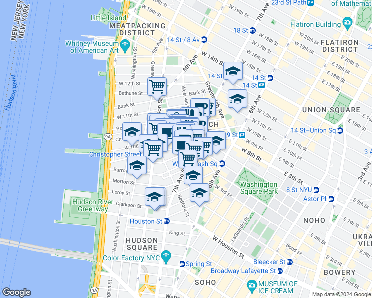 map of restaurants, bars, coffee shops, grocery stores, and more near 341 Bleecker Street in New York