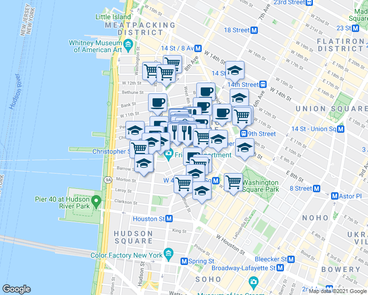 map of restaurants, bars, coffee shops, grocery stores, and more near 341 Bleecker Street in New York