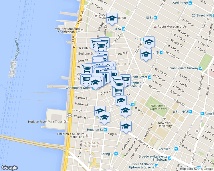 map of restaurants, bars, coffee shops, grocery stores, and more near in New York