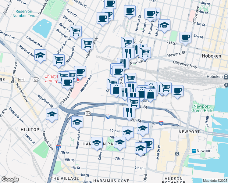 map of restaurants, bars, coffee shops, grocery stores, and more near 825 Jersey Avenue in Jersey City