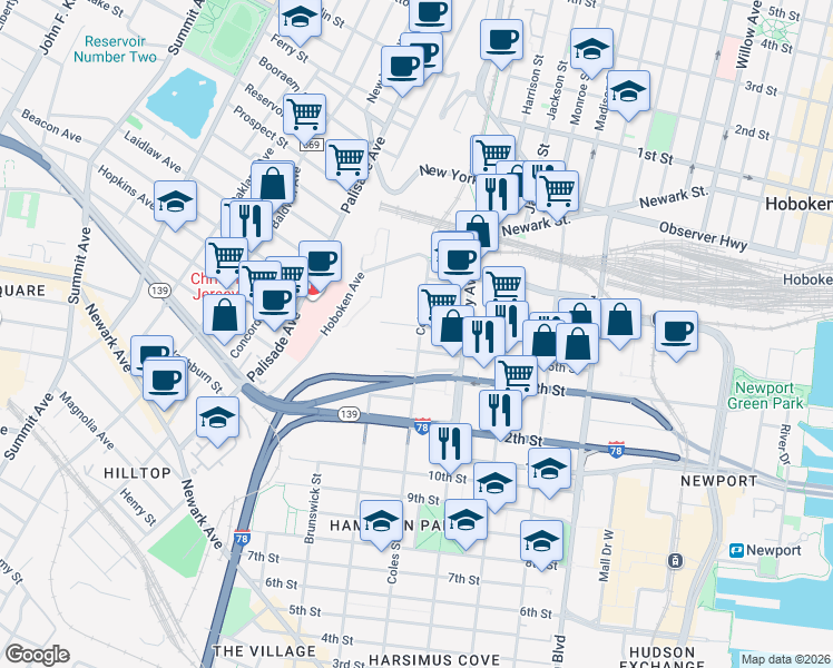 map of restaurants, bars, coffee shops, grocery stores, and more near 289 Coles Street in Jersey City