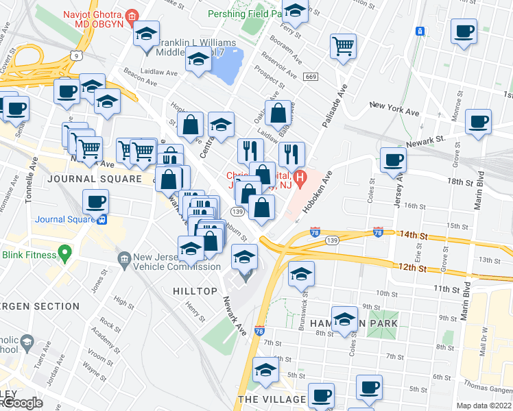 map of restaurants, bars, coffee shops, grocery stores, and more near 46 Fleet Street in Jersey City
