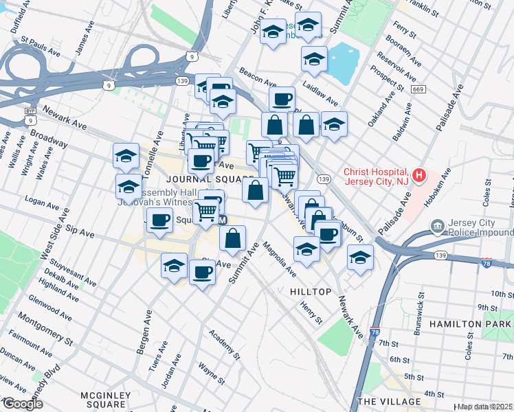 map of restaurants, bars, coffee shops, grocery stores, and more near 564-580 Summit Avenue in Jersey City