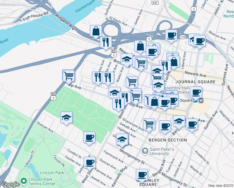 map of restaurants, bars, coffee shops, grocery stores, and more near 9 Wales Avenue in Jersey City
