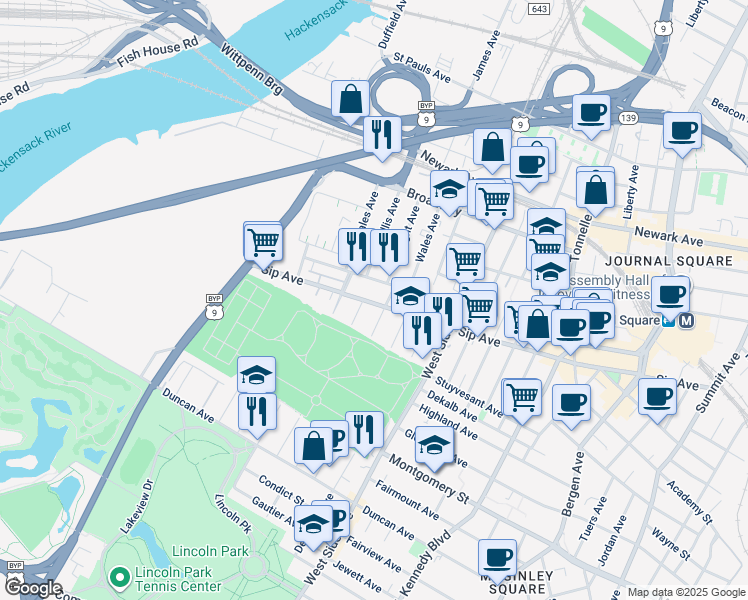 map of restaurants, bars, coffee shops, grocery stores, and more near 83 Logan Avenue in Jersey City