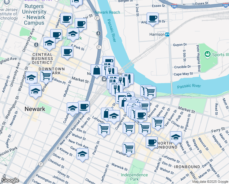 map of restaurants, bars, coffee shops, grocery stores, and more near 1 Penn Plaza East in Newark