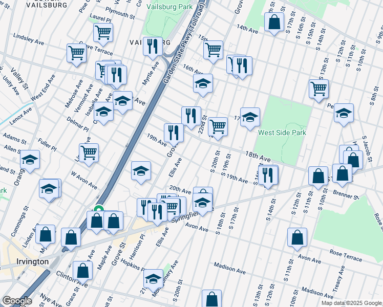 map of restaurants, bars, coffee shops, grocery stores, and more near 312 Ellis Avenue in Irvington