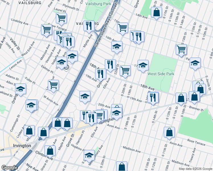 map of restaurants, bars, coffee shops, grocery stores, and more near 312 Ellis Avenue in Irvington