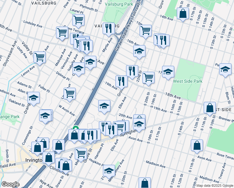 map of restaurants, bars, coffee shops, grocery stores, and more near 697 Grove Street in Irvington