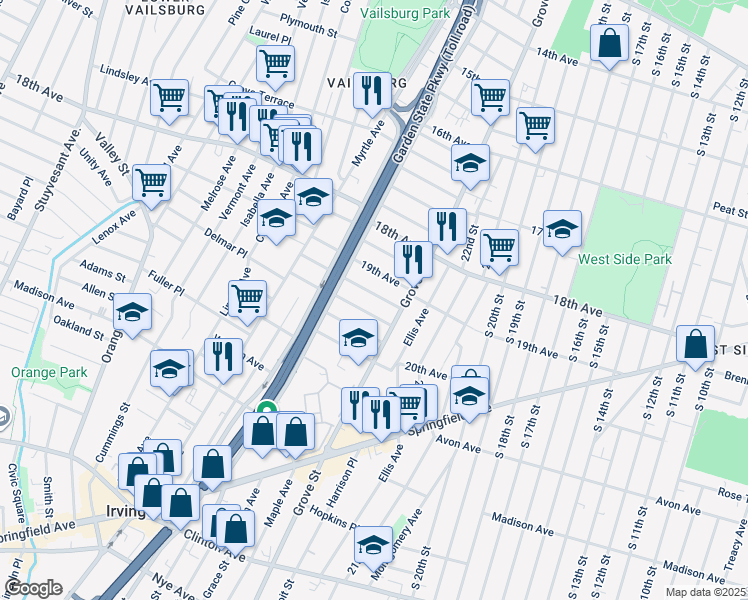 map of restaurants, bars, coffee shops, grocery stores, and more near 211 19th Avenue in Irvington