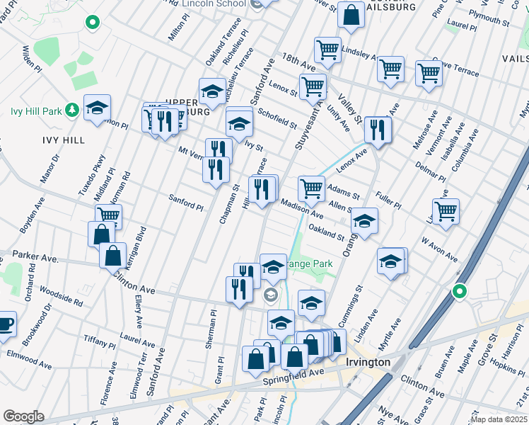 map of restaurants, bars, coffee shops, grocery stores, and more near 16 Mountainview Place in Irvington