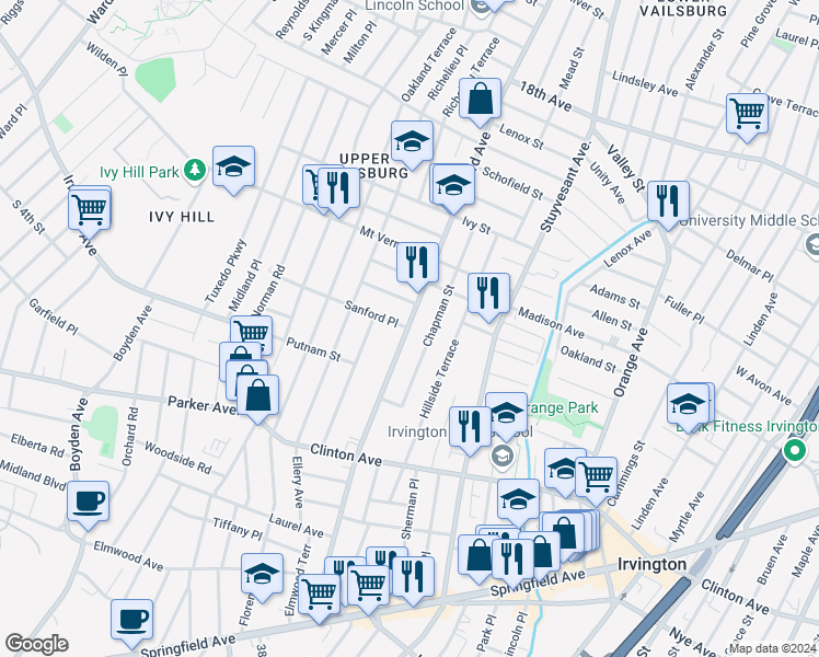 map of restaurants, bars, coffee shops, grocery stores, and more near 829 Stanford Road in Newark