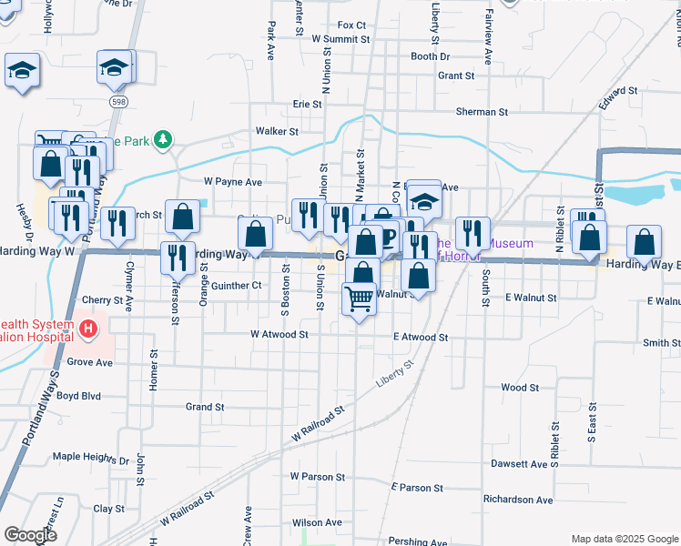 map of restaurants, bars, coffee shops, grocery stores, and more near 134 Harding Way West in Galion