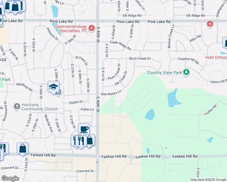 map of restaurants, bars, coffee shops, grocery stores, and more near 7633 Elk Creek Drive in Lincoln