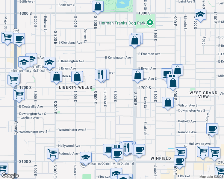 map of restaurants, bars, coffee shops, grocery stores, and more near 1640 South 600 East in Salt Lake City