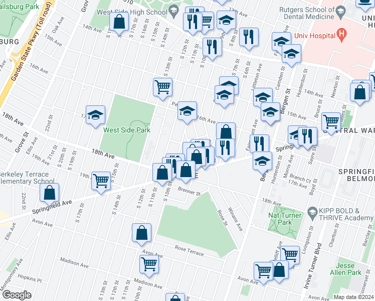 map of restaurants, bars, coffee shops, grocery stores, and more near 37 Blum Street in Newark