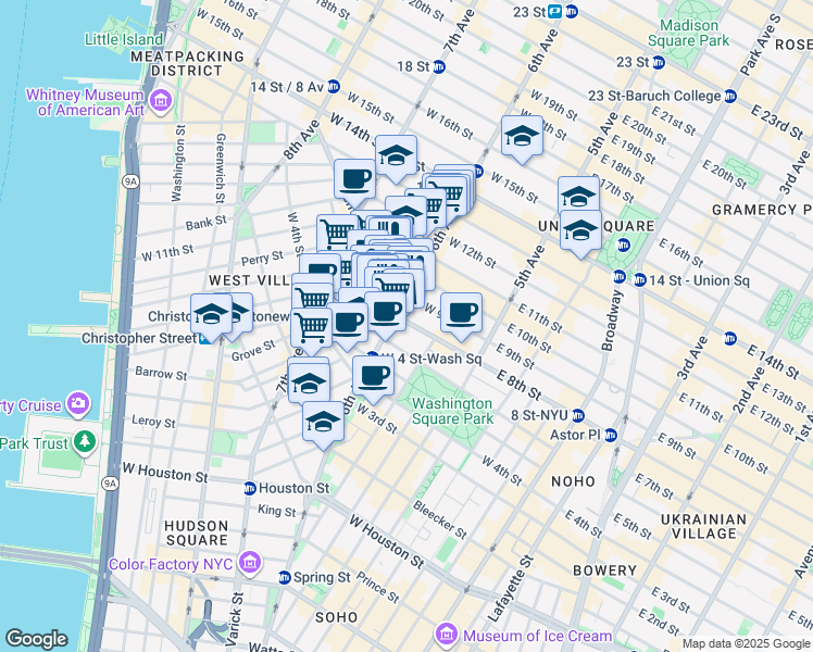 map of restaurants, bars, coffee shops, grocery stores, and more near 58 1/2 West 8th Street in New York