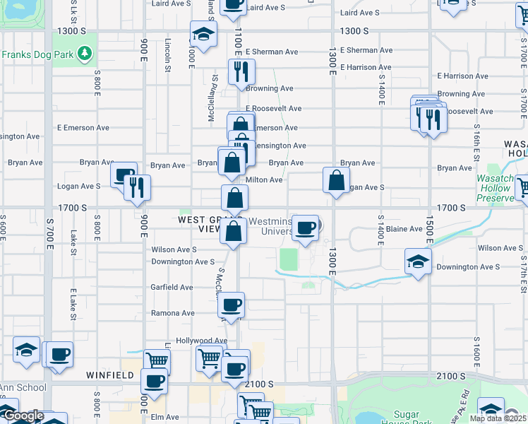 map of restaurants, bars, coffee shops, grocery stores, and more near 1150 East 1700 South in Salt Lake City