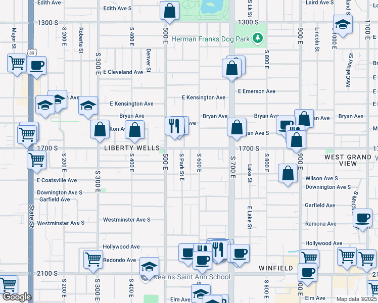 map of restaurants, bars, coffee shops, grocery stores, and more near 566 East 1700 South in Salt Lake City
