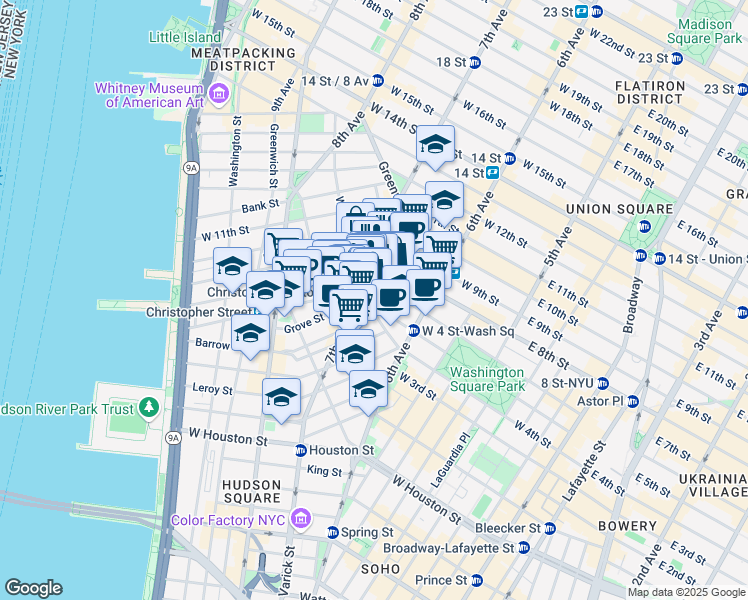 map of restaurants, bars, coffee shops, grocery stores, and more near 10 Sheridan Square in New York