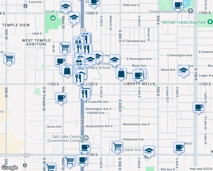 map of restaurants, bars, coffee shops, grocery stores, and more near 224 East 1700 South in Salt Lake City
